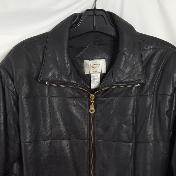 Vintage Boundary Waters Leather Zip Up Over Coat Size Medium Grid Pattern Black - Picture 6 of 9